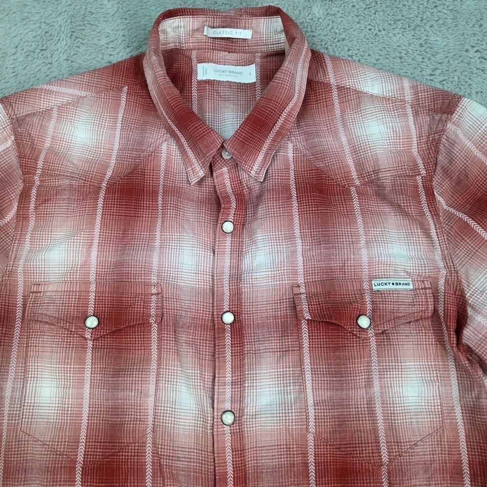 Lucky Brand Short Sleeve Western Shirt Mens S Pearl Snap Plaid Classic Fit Red